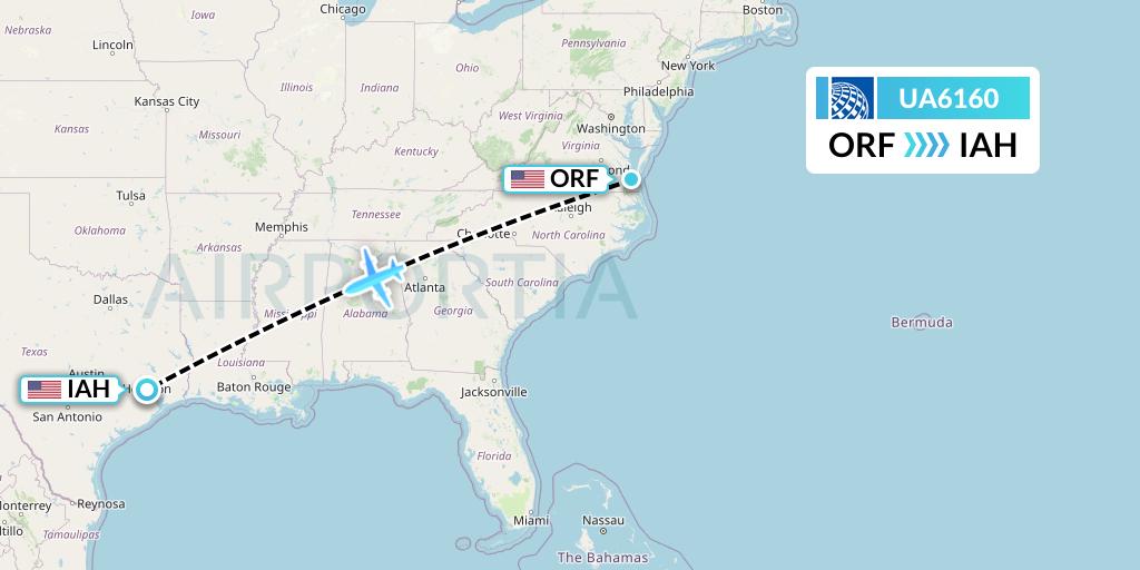 UA6160 United Airlines Flight Map: Norfolk to Houston