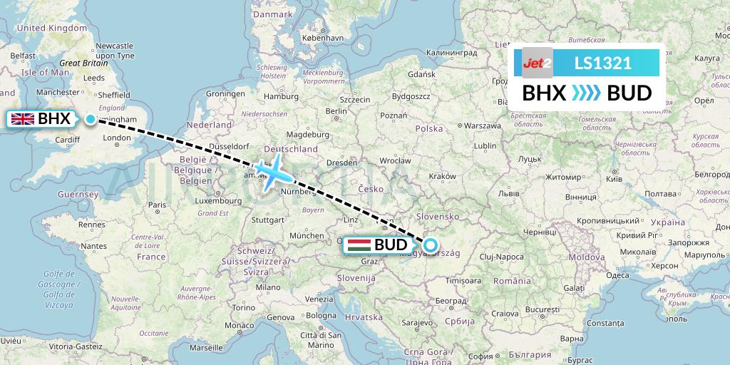 LS1321 Jet2 Flight Map: Birmingham to Budapest
