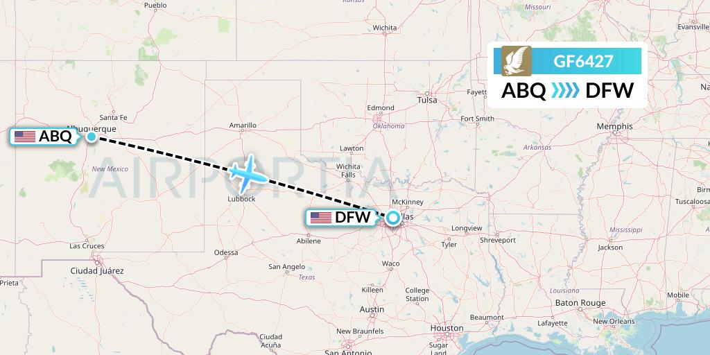 GF6427 Gulf Air Flight Map: Albuquerque to Dallas
