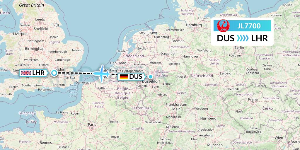 JL7700 Japan Airlines Flight Map: Dusseldorf to London