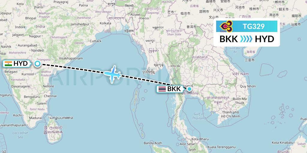 TG329 Thai Airways Flight Map: Bangkok to Hyderabad