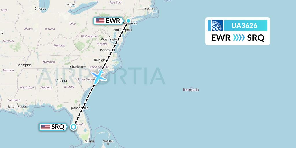 UA3626 United Airlines Flight Map: New York to Sarasota