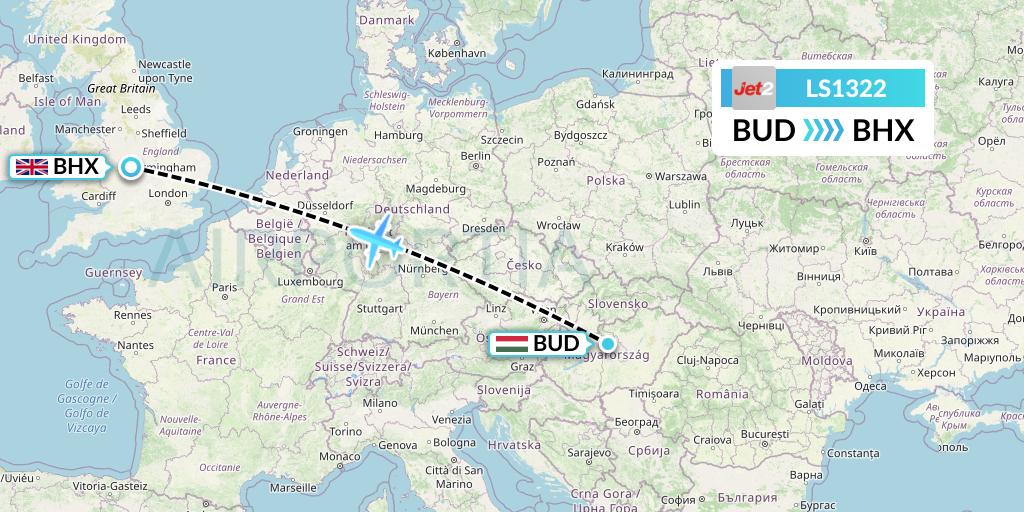 LS1322 Jet2 Flight Map: Budapest to Birmingham