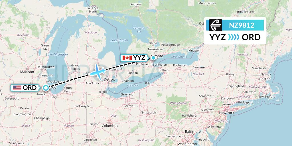 NZ9812 Air New Zealand Flight Map: Toronto to Chicago