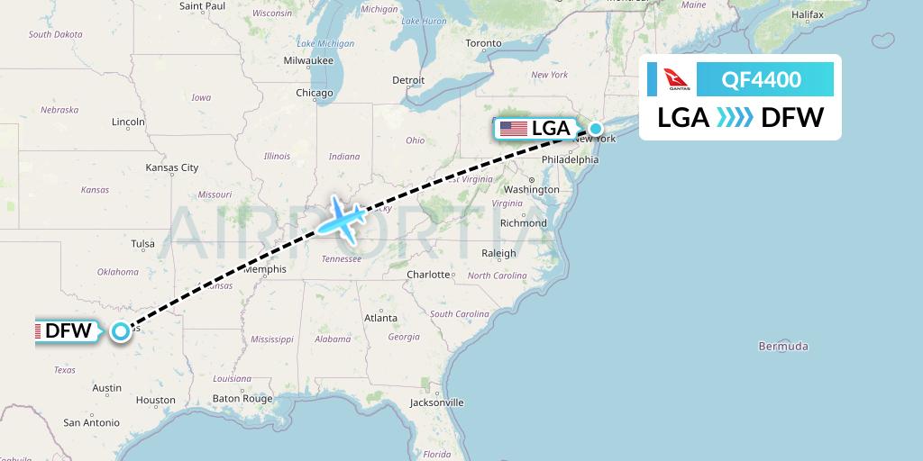 QF4400 Qantas Flight Map: New York to Dallas