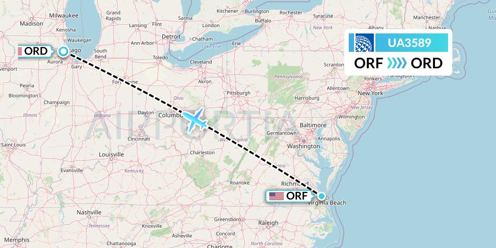 UA3589 United Airlines Flight Map: Norfolk to Chicago