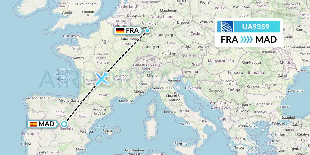 UA9359 United Airlines Flight Map: Frankfurt to Madrid