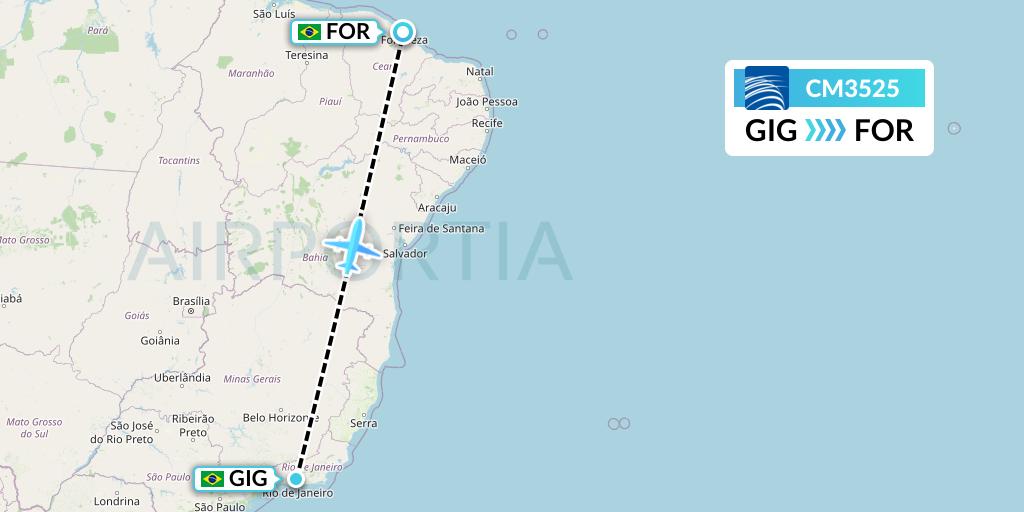 CM3525 Copa Airlines Flight Map: Rio de Janeiro to Fortaleza