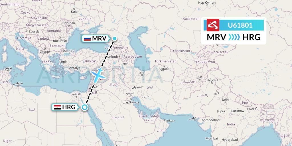 U61801 Ural Airlines Flight Map: Mineralnye Vody to Hurghada