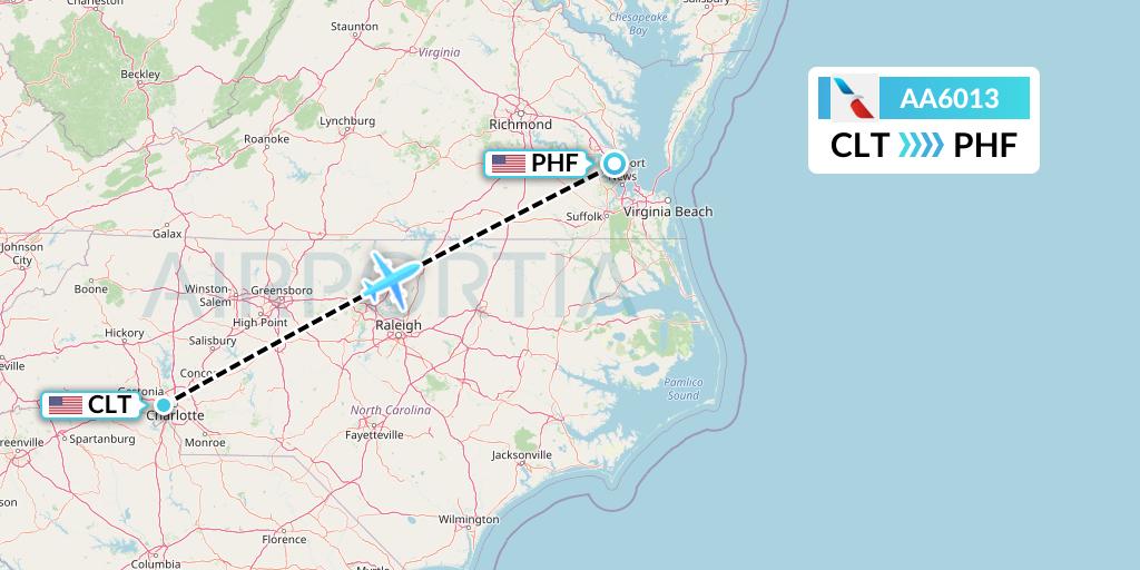 AA6013 American Airlines Flight Map: Charlotte to Newport News