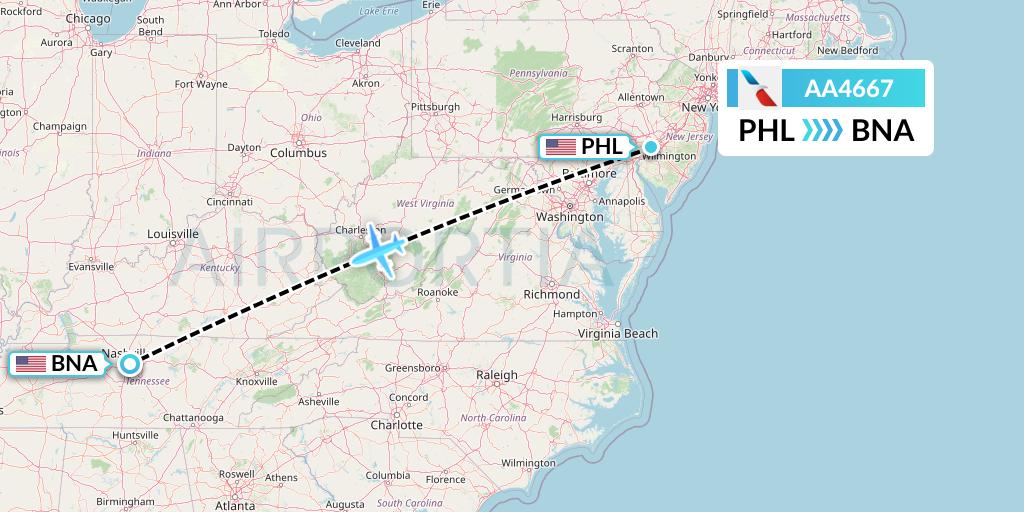 AA4667 American Airlines Flight Map: Philadelphia to Nashville