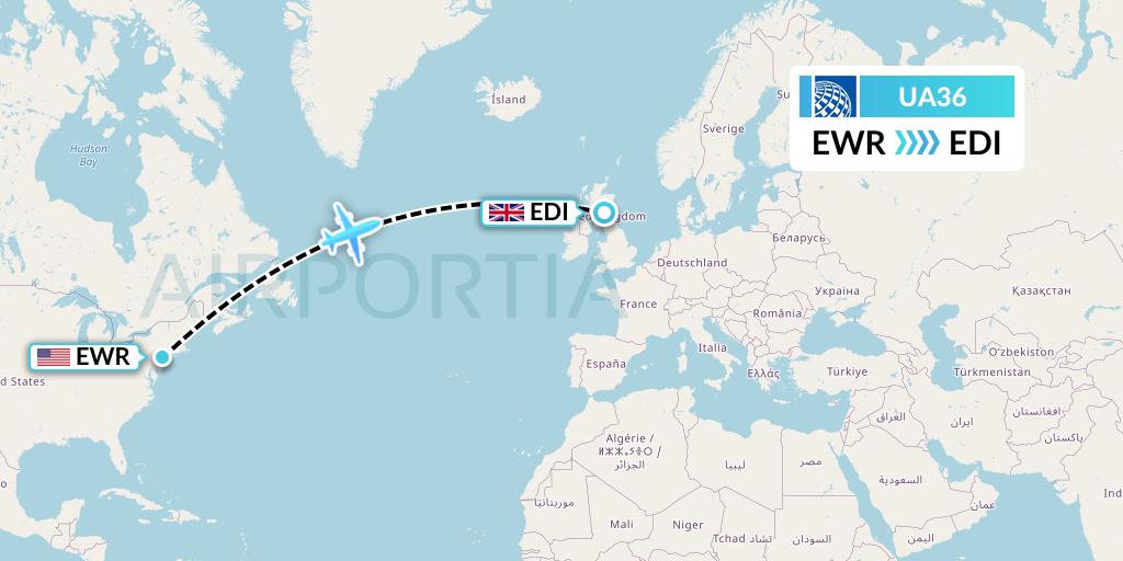 UA36 United Airlines Flight Map: New York to Edinburgh