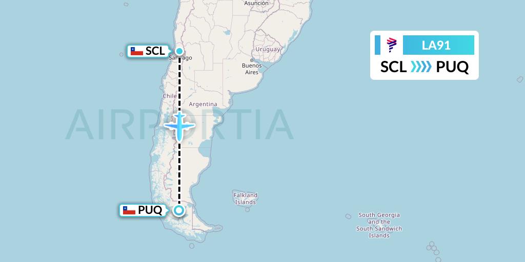 LA91 LAN Airlines Flight Map: Santiago to Punta Arenas