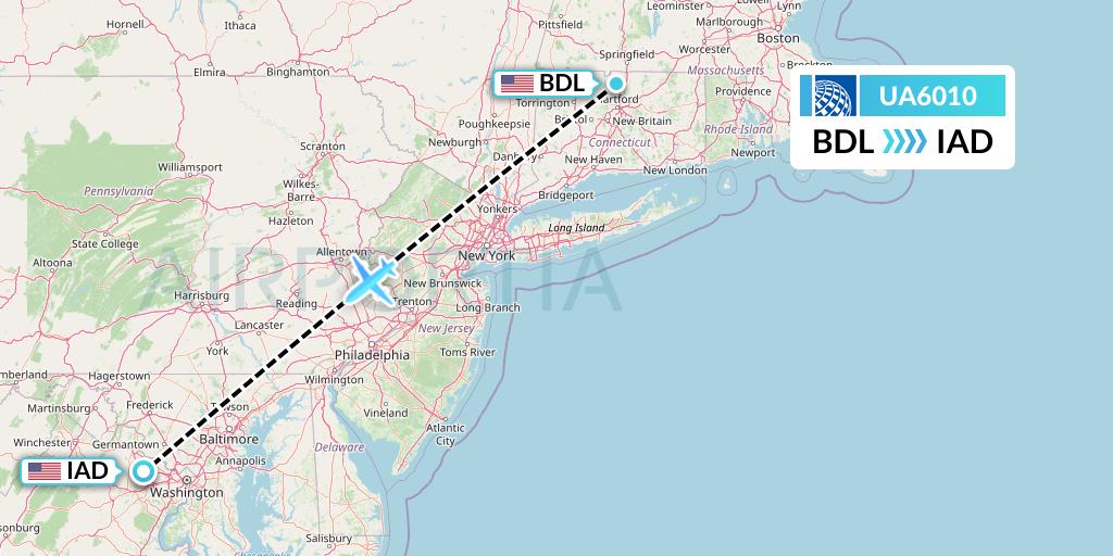 UA6010 United Airlines Flight Map: Windsor Locks to Washington
