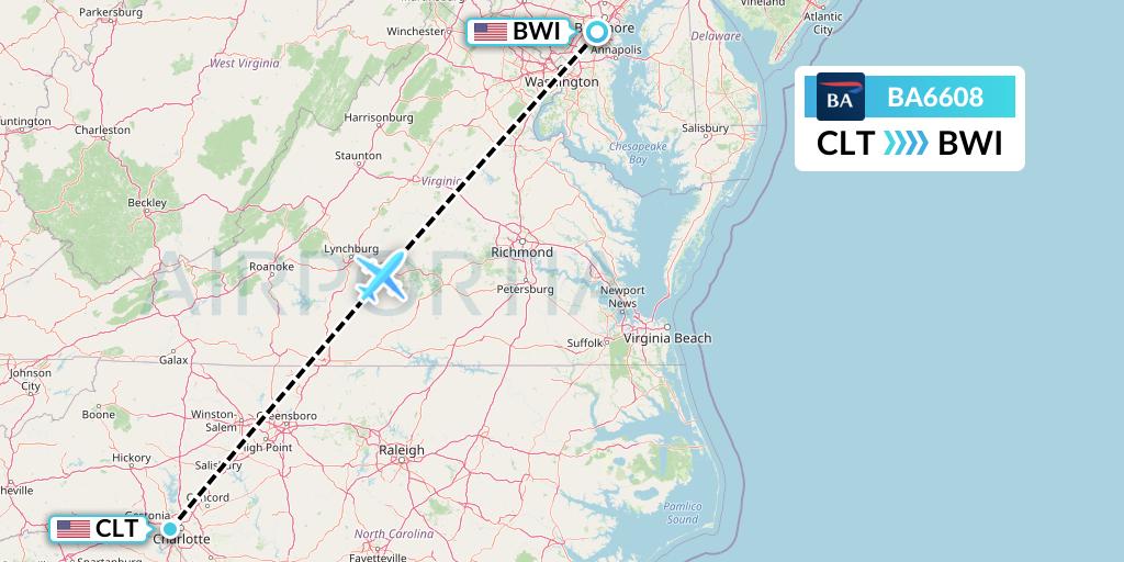 BA6608 British Airways Flight Map: Charlotte to Baltimore