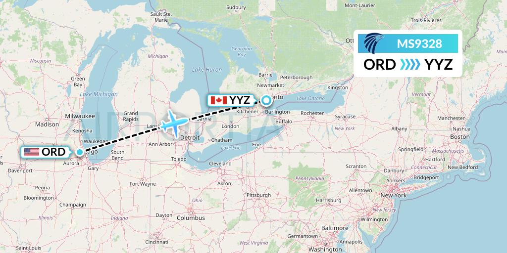 MS9328 EgyptAir Flight Map: Chicago to Toronto