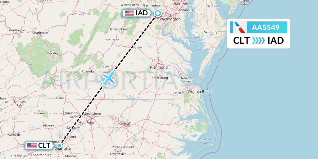 AA5549 American Airlines Flight Map: Charlotte to Washington