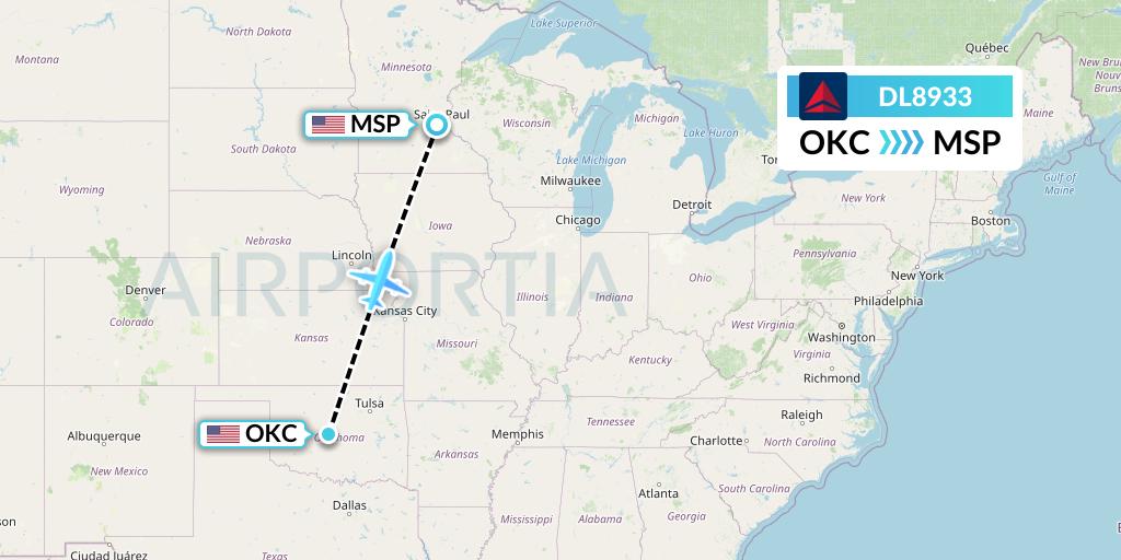 DL8933 Delta Air Lines Flight Map: Oklahoma City to Minneapolis