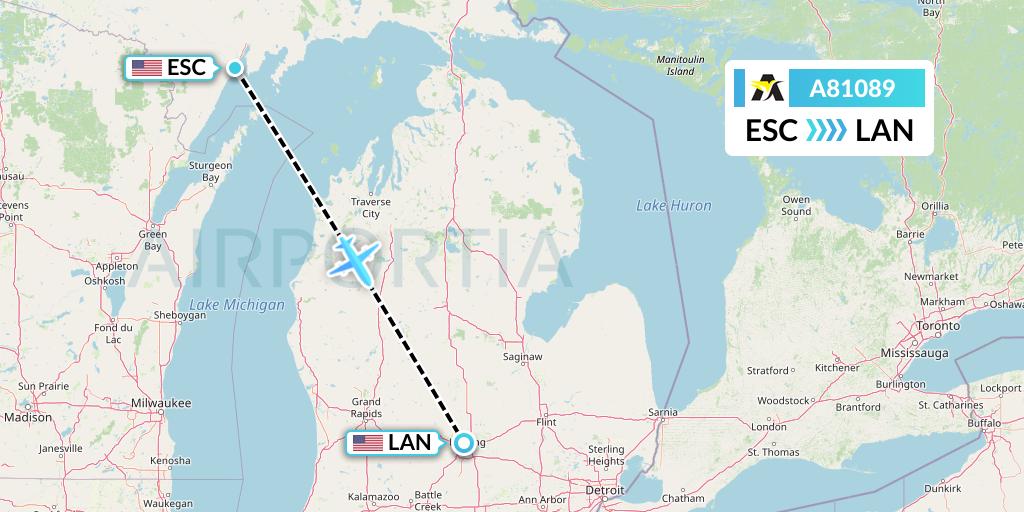 A81089 Aerolink Uganda Flight Map: Escanaba to Lansing