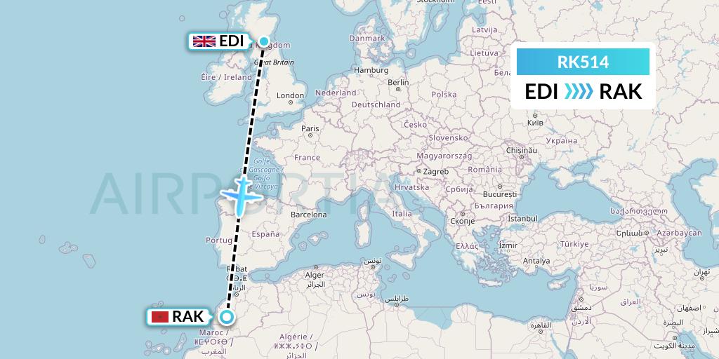 RK514 Ryanair UK Flight Map: Edinburgh to Marrakesh 