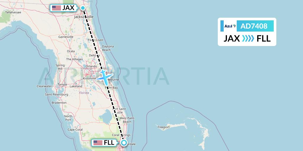 AD7408 Azul Brazilian Airlines Flight Map: Jacksonville to Fort Lauderdale