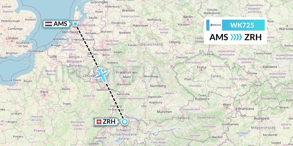 WK725 Edelweiss Air Flight Map: Amsterdam to Zurich