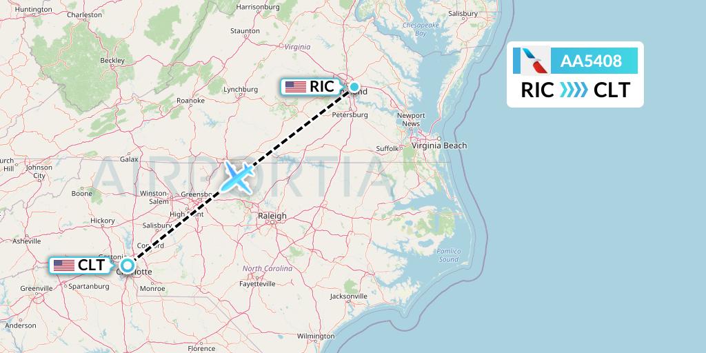 AA5408 American Airlines Flight Map: Richmond to Charlotte