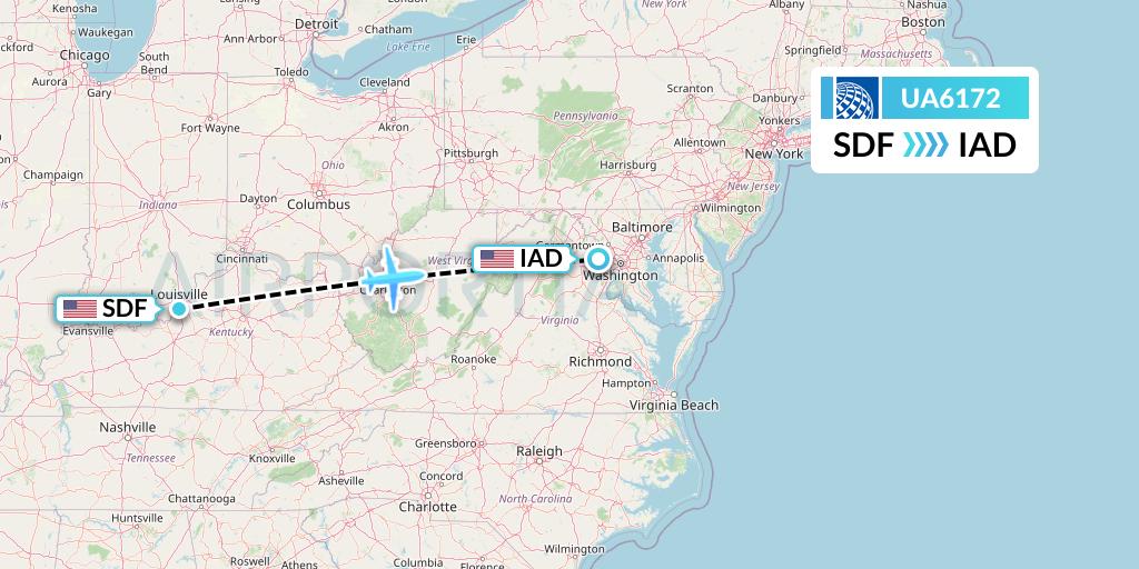 UA6172 United Airlines Flight Map: Louisville to Washington