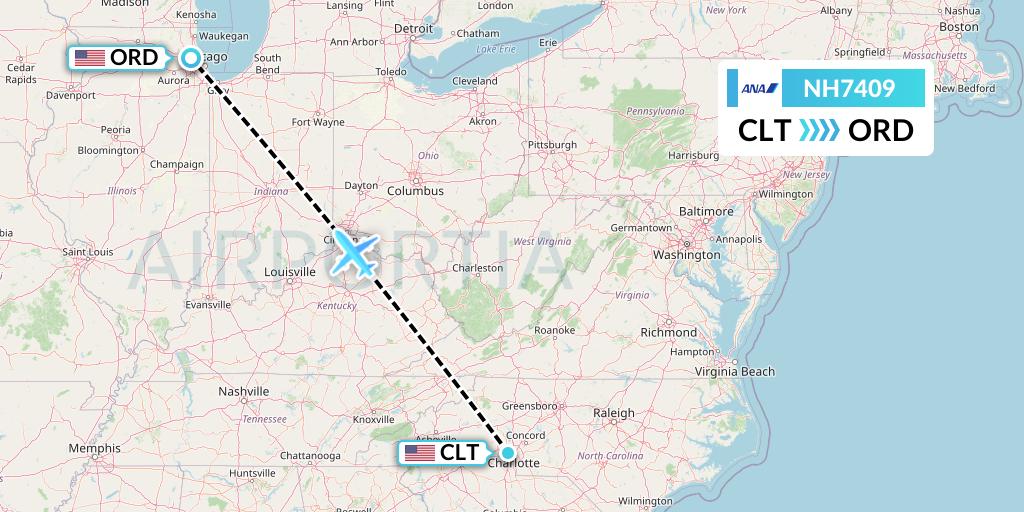 NH7409 All Nippon Airways Flight Map: Charlotte to Chicago