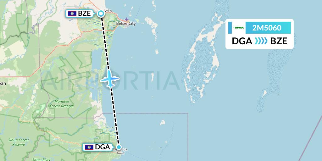 2M5060 Maya Island Air Flight Map: Dangriga to Belize City