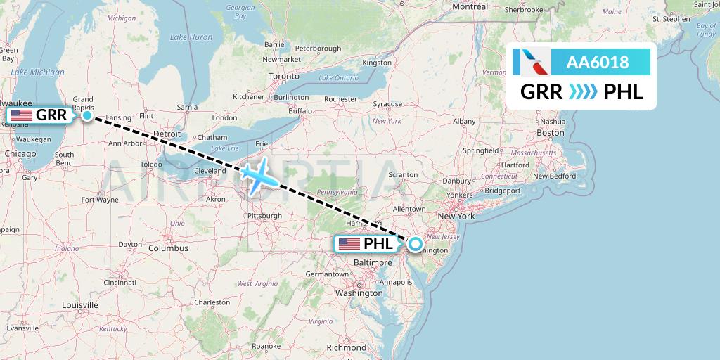 AA6018 American Airlines Flight Map: Grand Rapids to Philadelphia