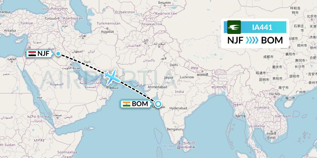 IA441 Iraqi Airways Flight Map: Najaf to Mumbai