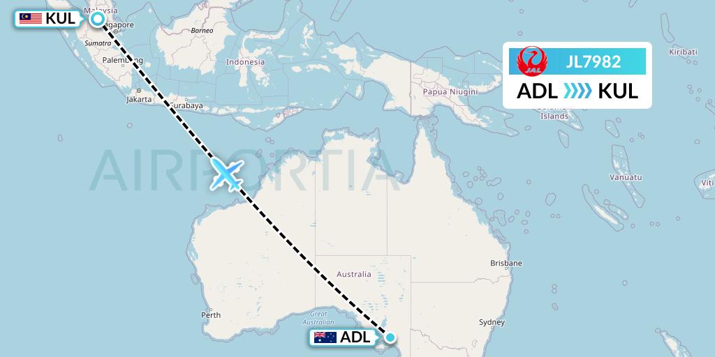 JL7982 Japan Airlines Flight Map: Adelaide to Kuala Lumpur