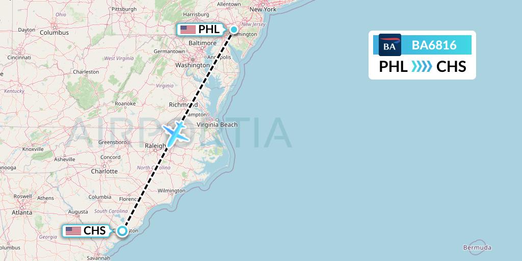 BA6816 British Airways Flight Map: Philadelphia to Charleston