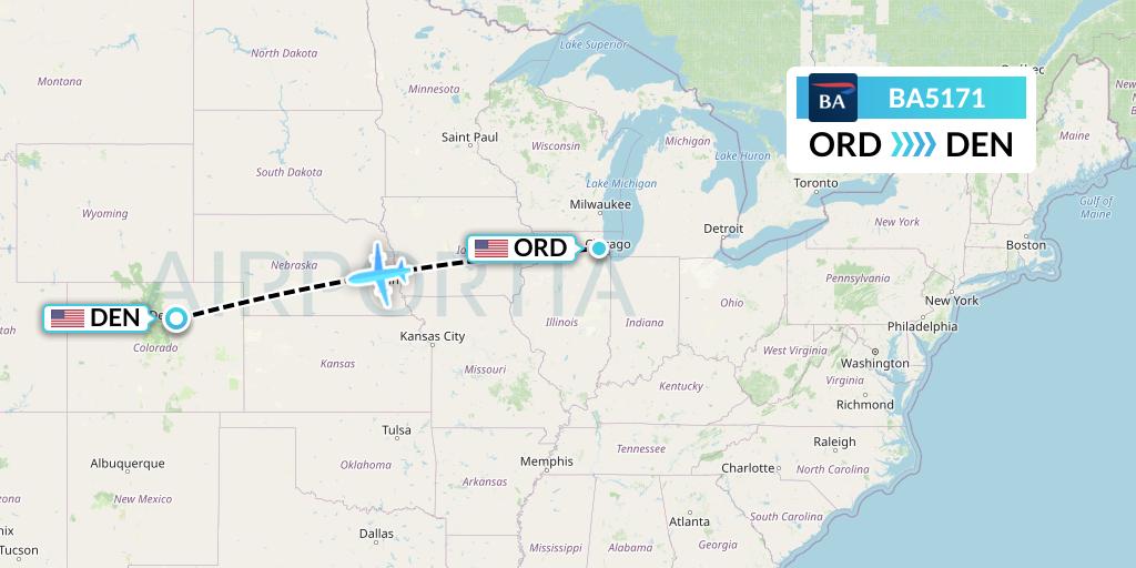 BA5171 British Airways Flight Map: Chicago to Denver