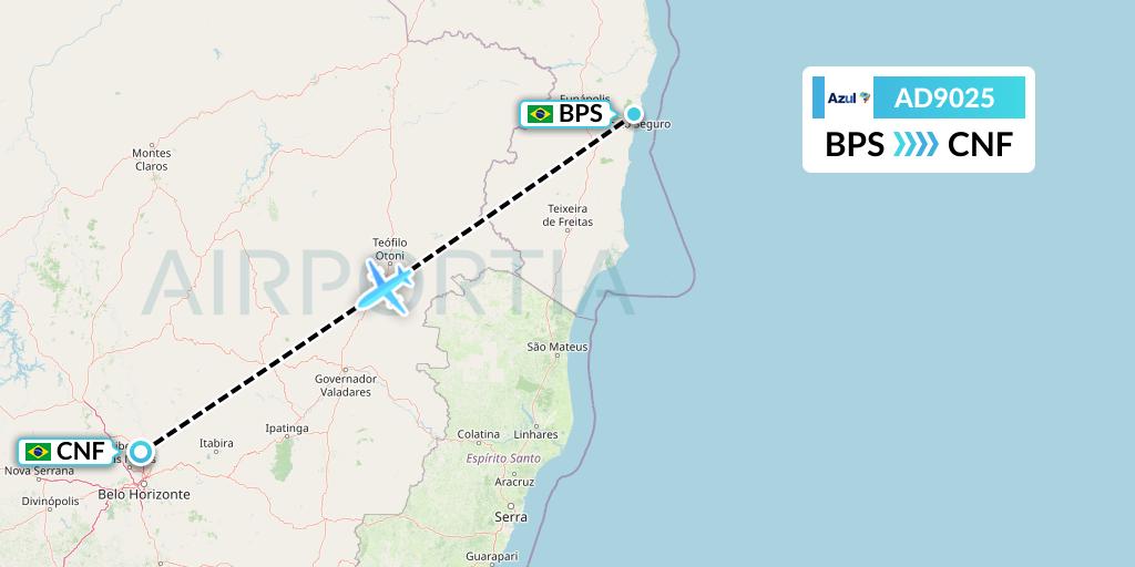 AD9025 Azul Brazilian Airlines Flight Map: Porto Seguro to Belo Horizonte