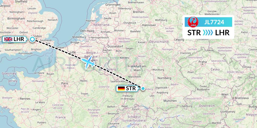 JL7724 Japan Airlines Flight Map: Stuttgart to London