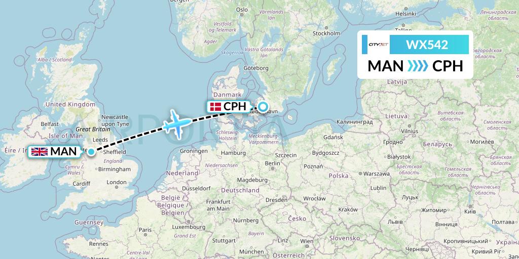 WX542 Cityjet Flight Map: Manchester to Copenhagen