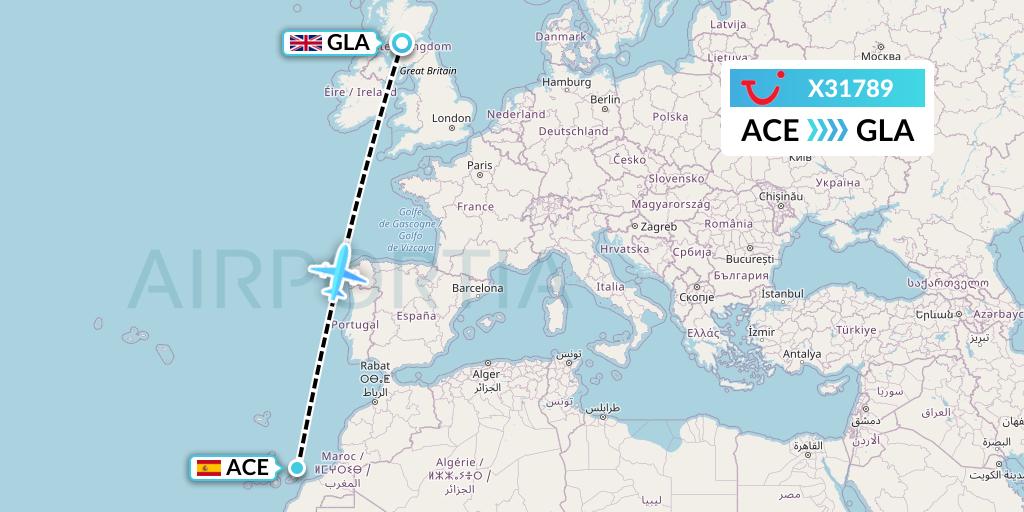 X31789 TUI fly Germany Flight Map: Lanzarote to Glasgow