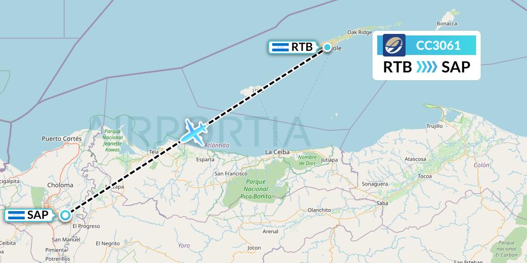 CC3061 CM Airlines Flight Map: Roatan to San Pedro Sula