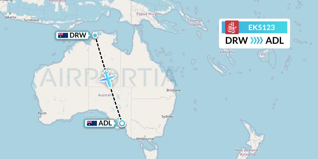 EK5123 Emirates Flight Map: Darwin to Adelaide