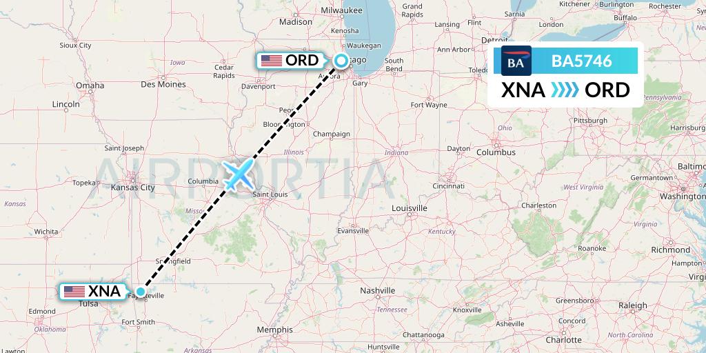 BA5746 British Airways Flight Map: Bentonville to Chicago