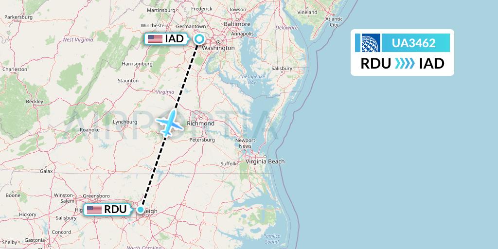 UA3462 United Airlines Flight Map: Raleigh-Durham to Washington