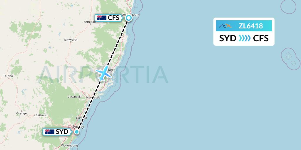 ZL6418 Regional Express Flight Map: Sydney to Coffs Harbour