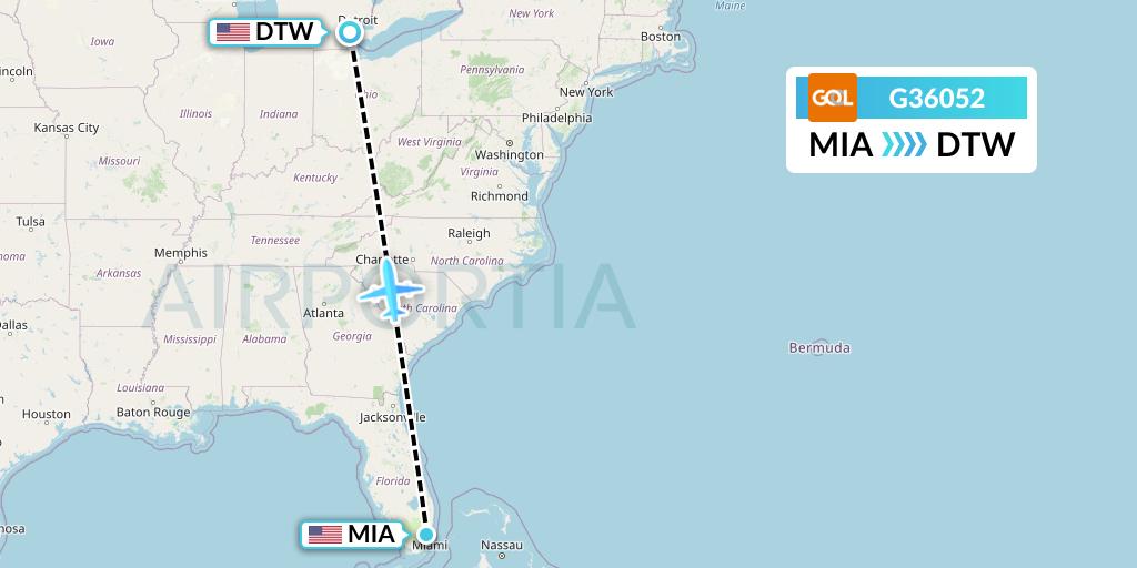 G36052 GOL Transportes Aeros Flight Map: Miami to Detroit