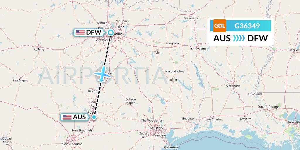 G36349 GOL Transportes Aeros Flight Map: Austin to Dallas