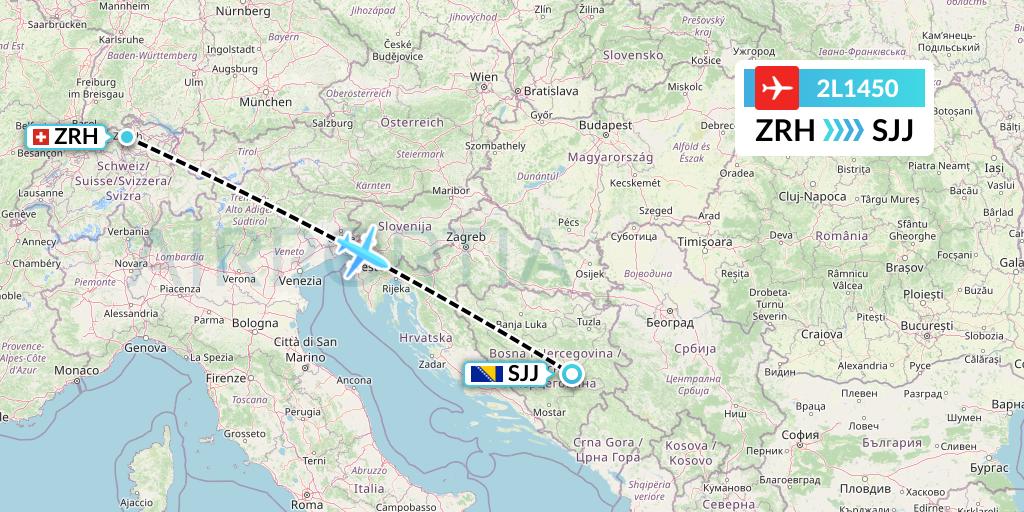 2L1450 Helvetic Airways Flight Map: Zurich to Sarajevo