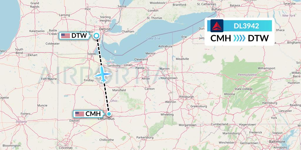 DL3942 Delta Air Lines Flight Map: Columbus to Detroit