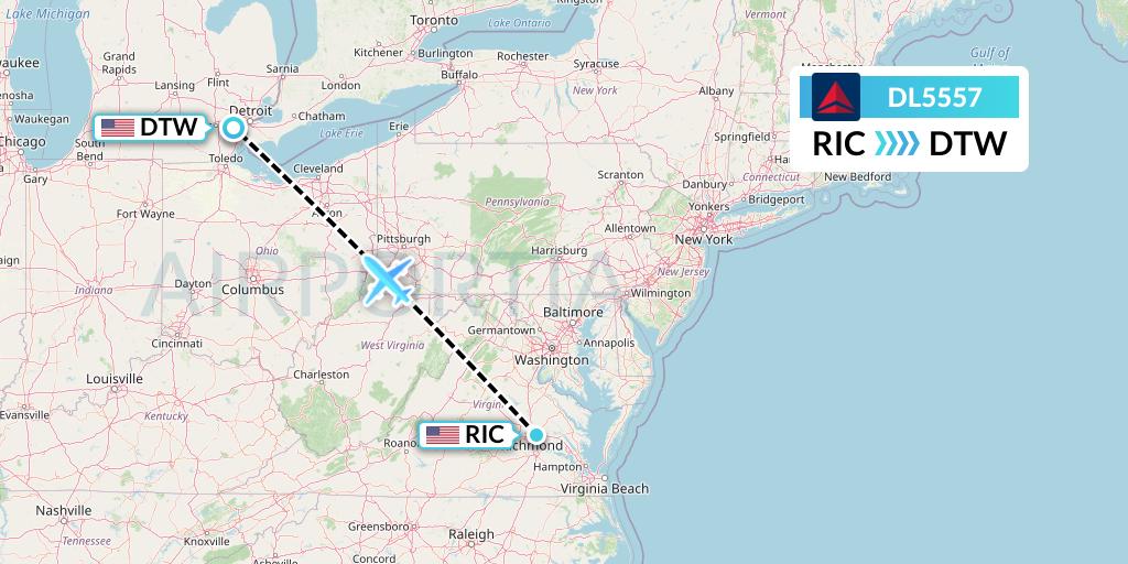 DL5557 Delta Air Lines Flight Map: Richmond to Detroit