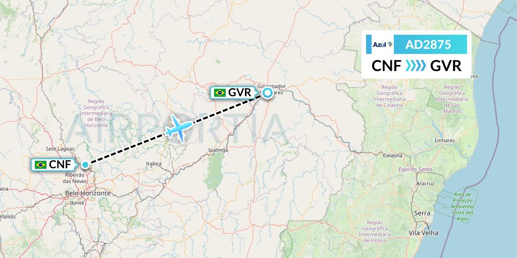 AD2875 Azul Brazilian Airlines Flight Map: Belo Horizonte to Governador Valadares